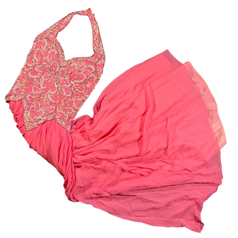 Fairytale Princess Y2K Vintage Pink Silk Beaded Halter Gown Dress Size‎ 8